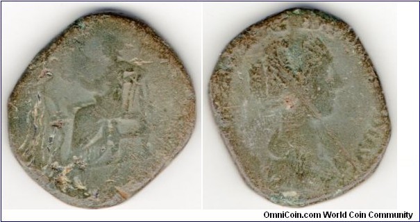 164–169Ad Lucilla As or Dupondius. SALVS S-C, Salus standing left, feeding serpent arising from altar. LVCILLAE AVG ANTONINI AVG, bust right.