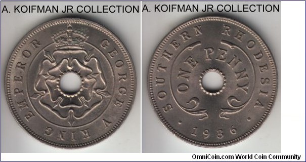 KM-7, 1936 Southern Rhodesia penny; copper-nickel, plain edge; George V, a more common year, bright uncirculated.