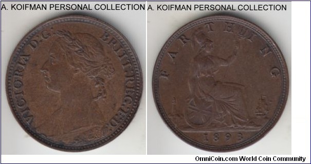 KM-753, 1893 Great Britain farthing; bronze, plain edge; late Victoria type, brown good extra file or better.