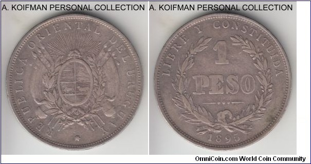 KM-17a, 1895 Uruguay peso; silver, reedededge; regular mintage of the year and relatively common, decent very fine to good very fine.