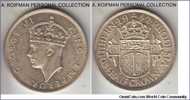 KM-15, 1942 Southern Rhodesia 1/2 crown; silver, reeded edge; George VI mid-war issue, minted in abundance, most common year of the type, but nice, about uncirculated with lustrous untouched reverse and just a bit of wear on obverse.