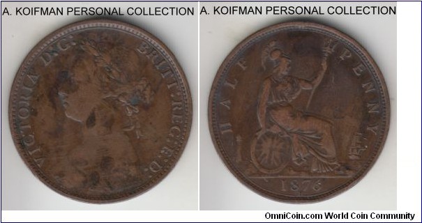 KM-754, 1876 Great Britain, Heaton mint; bronze, plain edge; Victoria, can't determine the variety, good fine plus to very fine details, cleaned.