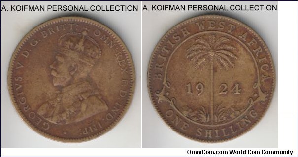 KM-12a, 1924 British West Africa shilling, King Nortin's mint (KN mint mark); tin-brass, reeded edge; George V scarce type and particularly scarcer year, very fine or almost.