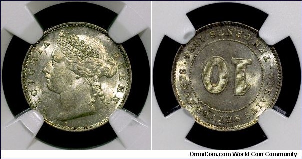 Straits Settlements QV 1884 10c Crosslet 4 NGC MS63+