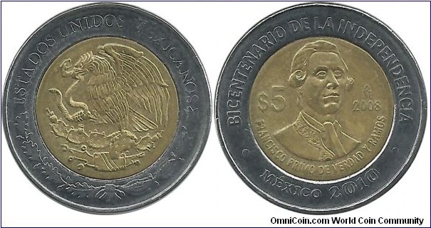 Mexico 5 Pesos 2008-Francisco Primo de Verdad y Ramos
