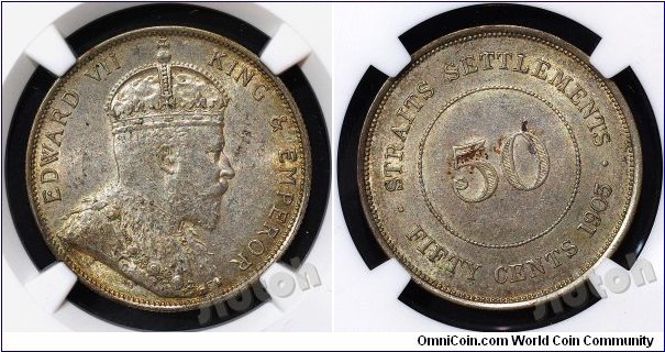 Straits Settlements Kg Edward VII 50c Silver NGC AU55