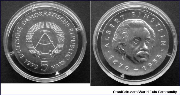 German Democratic Republic (East Germany) 5 mark.
1979, Albert Einstein (1879-1955)