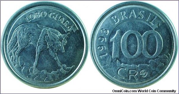 Brazil100Cruzeiros-LoboGuara-km630-1993