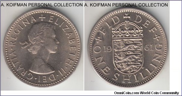 KM-904, 1961 Great Britain shilling, English crest; copper-nickel, reeded edge; Elizabeth II, common year, better grade bright uncirculated.