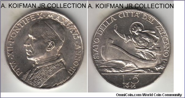KM-28, 1941 Vatican 5 lire; silver, lettered edge; Year III of Pope Pius XII, scarce mintage of 4,000, average uncirculated with a few small toning areas.