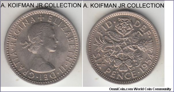 KM-903, 1954 Great Britain 6 pence; copper-nickel, reeded edge; early Elizabeth II mintage, average uncirculated.