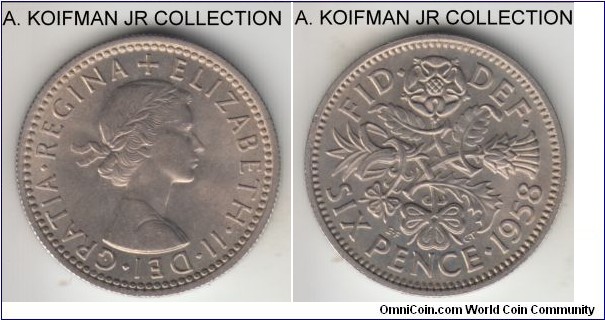 KM-903, 1958 Great Britain 6 pence; copper-nickel, reeded edge; earlier Elizabeth II issue, key year despite large mintage, nicer uncirculated.