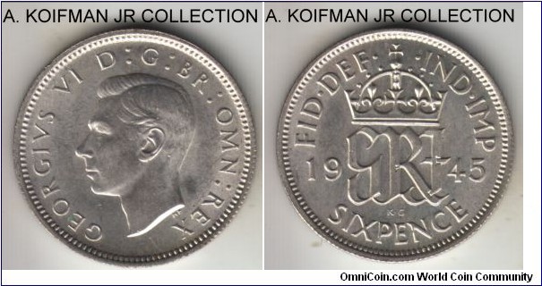 KM-582, 1945 Great Britain 6 pence; silver, reeded edge; late war time George VI mintage, average uncirculated.