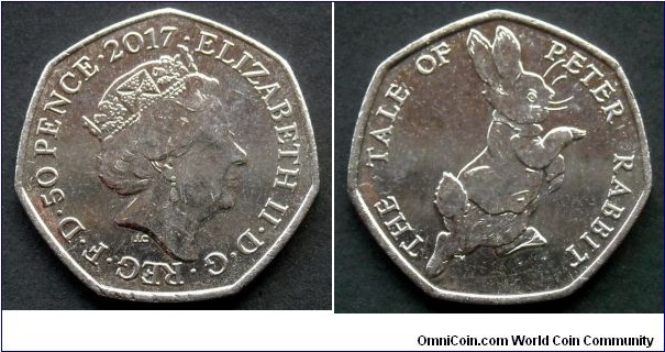 50 pence. 2017, 150th Anniversary of the birth of Beatrix Potter. The Tale of Peter Rabbit.