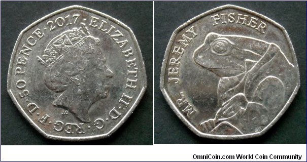 50 pence. 2017, 150th Anniversary of the birth of Beatrix Potter. Mr. Jeremy Fisher.