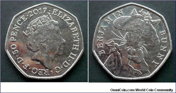 50 pence. 2017, 150th Anniversary of the birth of Beatrix Potter. Benjamin Bunny.