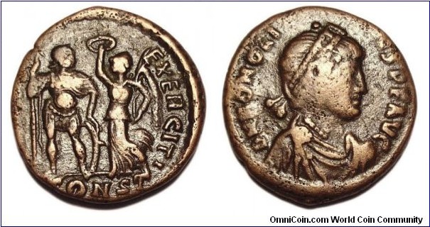 395-401Ad Honorius Nummus
VIRTVS EXERCITI (Emperor standing left, holding spear, left hand on shield. Victory holding palm-branch in left hand, crowns him
DN HONORIVS PF AVG pearl diademed, draped, cuirassed bust right
RIC X 61 - Constantinople Mintmark=CONSG