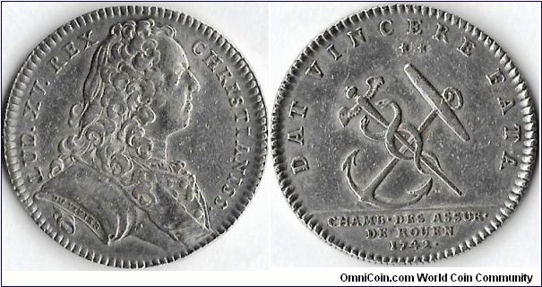 silver jeton struck during the reign of Louis XV for the Chambres D'Assurances at Rouen (Maritime Assurance)