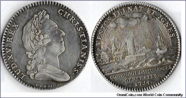 silver jeton struck during the reign of Louis XV for the Compagnie Generale D'Assurance in Paris (Maritime assurance)