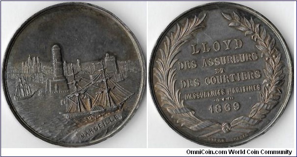 silver jeton struck for Lloyd des Assureurs & Courtiers Maritimes de Marseille, a french assurance syndicate at Marseille