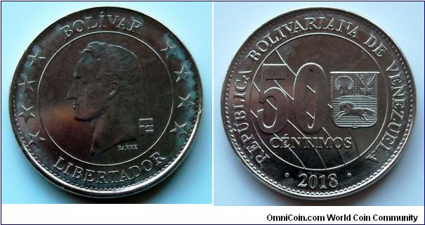 Venezuela 50 centimos.
2018, Nickel plated steel.