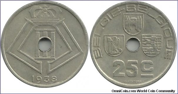Belgium 25 Centimen 1938(Dt-Fr)