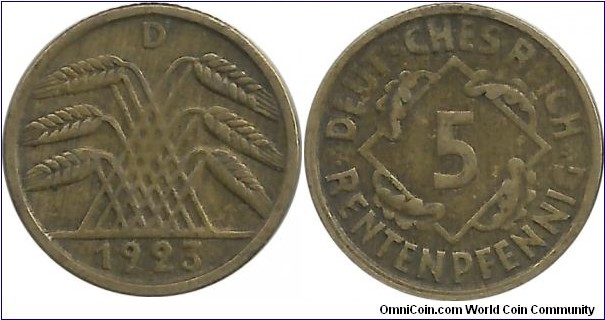 GermanyWeimar 5 Rentenpfennig 1923D