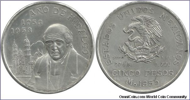Mexico 5 Pesos 1953 - 200th Birth Anniversary of Hidalgo