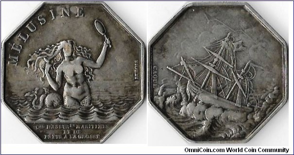 silver jeton struck for La Melusine, a french maritime assurer