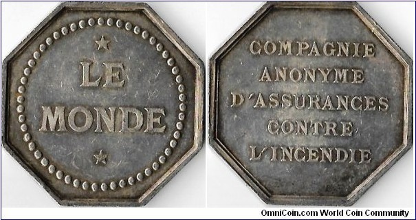 silver jeton struck circa 1860 for Le Monde, a french assurer against fire risks