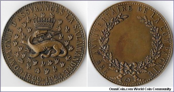 bronze medal struck for the 25th anniversary of La Salamandre, a french assurance company