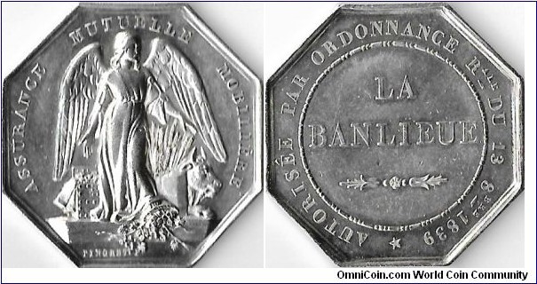 silver jeton struck in 1842 for La Banlieu, a french assurance company