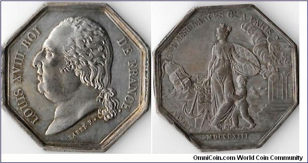 silver jeton with error date (1813) struck for Assurances Generales founded in 1818.....but the error date was actually struck in 1832!