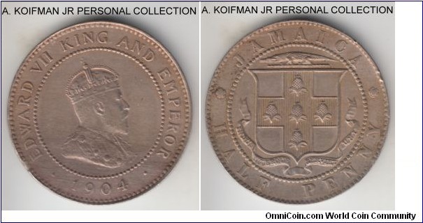 KM-22, 1904 Jamaica 1/2 penny; copper-nickel, plain edge; first year of relatively long 6-year Edward VII second type, only 48,000 minted that year, good very fine details, cleaned, a couple of small rim nicks.