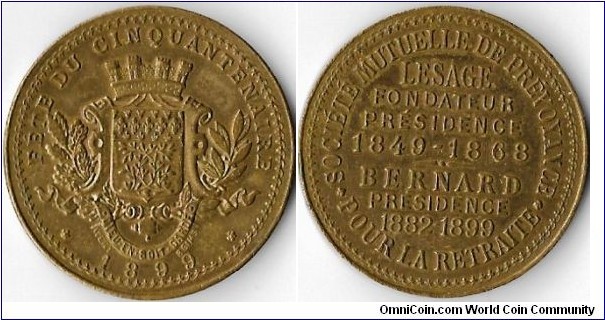 copper jeton struck for La Prevoyance de Retraite (pension/saving for retirement). This marking its fiftieth anniversary. 