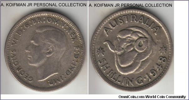 KM-39a, 1948 Australia shilling, Melbourne mint (no mintmark); silver, reeded edge; George VI post war smaller mintage, but not as scarce as 1946, average circulated.