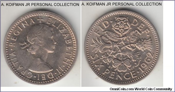 KM-903, 1962 Great Britain 6 pence; copper-nickel, reeded edge; Elizabeth II, lightly toned uncirculated.