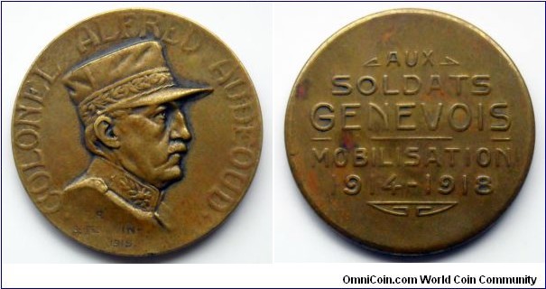 Swiss medal commemorating Colonel Alfred Audeoud commander of the 1st Corps of the Swiss Army. Mobilisation 1914-1918.