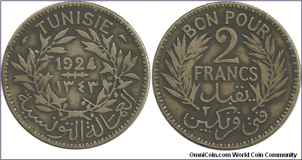Tunisia 2 Francs AH1343-1924 - Muhammad al-Habib Bey; AH1341-1347 (1922-1928)