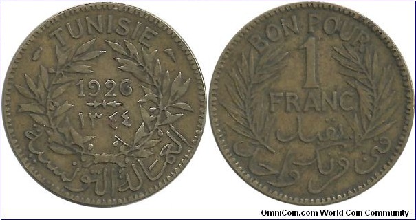 Tunisia 1 Franc AH1344-1926 - Muhammad al-Habib Bey; AH1341-1347 (1922-1928)