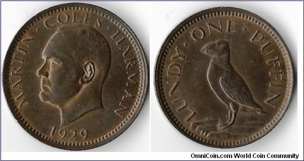 Copper`Puffin' for Lundy Island. The issue of this fantasy coin caused quite a stir back in that time. Nice lustrous example