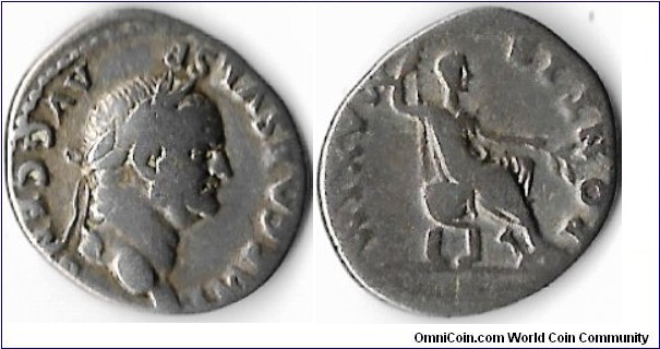 Vespasian denarius (73AD) Rome. Obverse:laureate bust of Vespasian with `IMP Caes Vesp Cens' legend. reverse: Vespasian seated to right holding rod and branch `Pontif Maxim' legend.