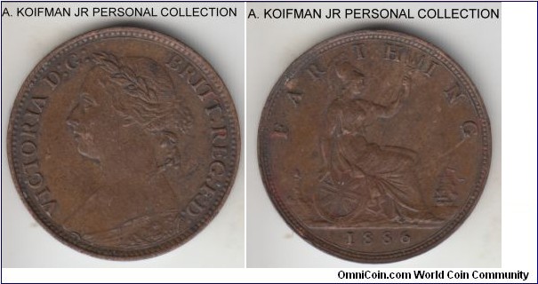 KM-753, 1886 Great Britain farthing; bronze, lain edge; Victoria, decent grade probably good very fine or better.