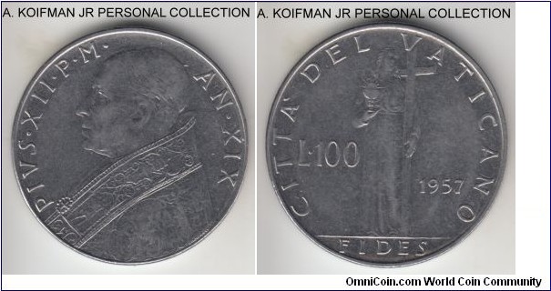 KM-55, 1957 Vatican 100 lire; stainless steel, reeded edge; year XX of Pius XII, with stainless steel it is hard to judge the wear but probably a decent extra fine.