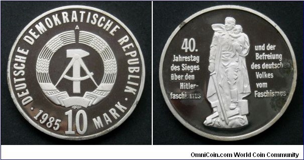 German Democratic Republic (East Germany) 10 mark. 1985, 40th Anniversary of Victory over fascism. Rare, low mintage proof variety. 