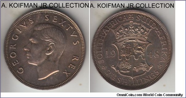 KM-39.1, 1948 South Africa (Dominion) 2 1/2 shillings; proof, silver, reeded edge; scarce George VI type with just 1,120 minted in proof, another 1,600 business strike that year and overall 3-year type mintage of just under 10,000 pieces, lightly toned.