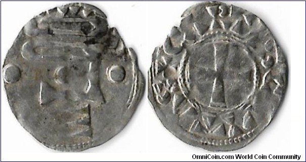 Tete Chinonais denier from Chartres circa 10/11th century ad. Rev: Cartis Civitas