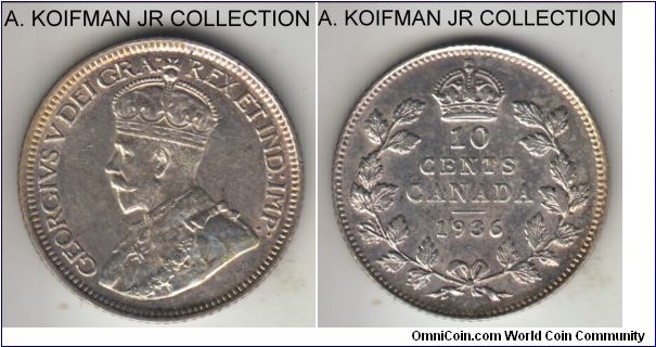 KM-23a, 1936 Canada 10 cents; silver, reeded edge; late George V, extra fine to good extra fine.