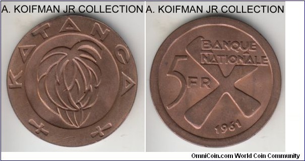 KM-2, 1961 Katanga 5 francs; bronze, plain edge; one year coinage of the rebel Kongo province, bright reddish uncirculated.