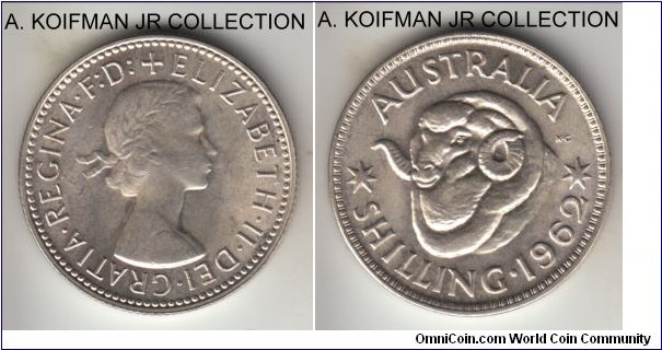 KM-59, 1962 Australia shilling, Melbourne mint (no mint mark); silver, reeded edge; last Elizabeth II silver mintage type, nice bright uncirculated or almost.
